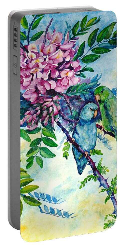 Pacific Parrotlets Portable Battery Charger featuring the painting Pacific Parrotlets by Zaira Dzhaubaeva