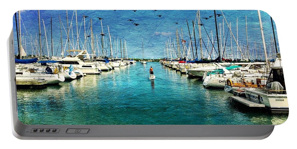Chicago Portable Battery Charger featuring the photograph Paddle boarder in the Harbor by Eleanor Abramson