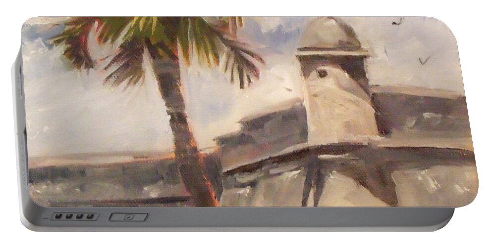 Fort Portable Battery Charger featuring the painting Palm at St. Augustine Castillo Fort by Mary Hubley