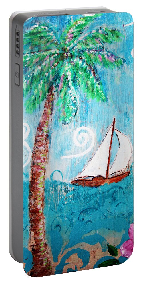 Palm Tree Portable Battery Charger featuring the painting Palm Tree and Sailboat by Jan Marvin by Jan Marvin