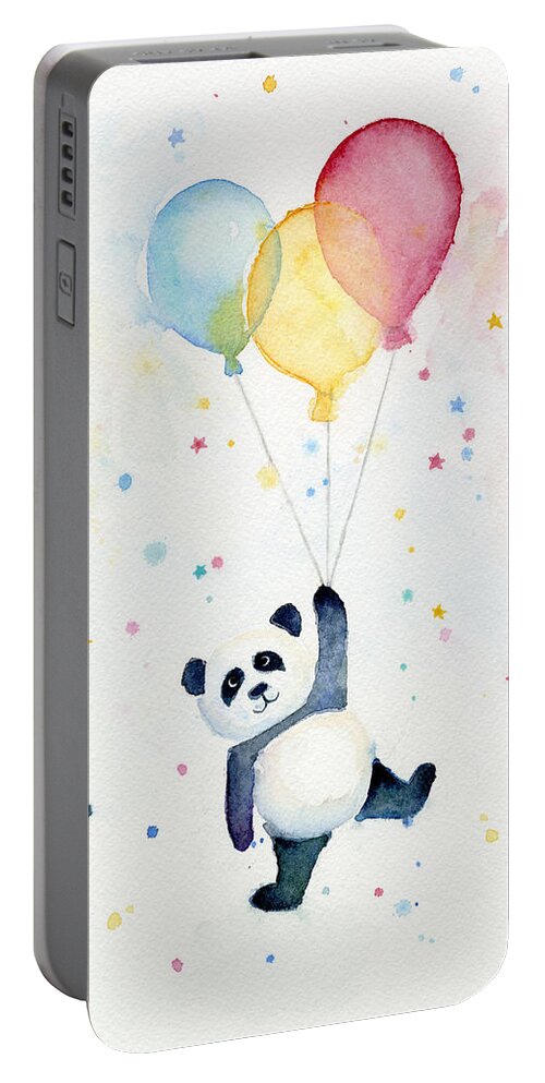 Panda Portable Battery Charger featuring the painting Panda Floating with Balloons by Olga Shvartsur