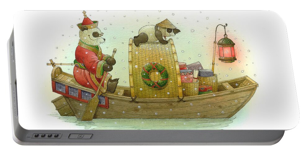 Christmas Panda Bear Snow Winter White Red Boat Water Holiday Portable Battery Charger featuring the painting Pandabears Christmas by Kestutis Kasparavicius