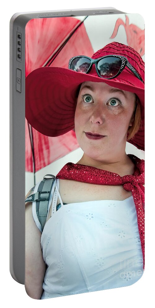Runner Portable Battery Charger featuring the photograph Parasol Red Runner at Running of the Bulls New Orleans by Kathleen K Parker