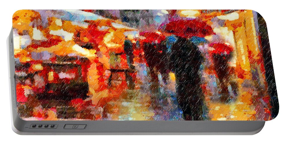 Abstract Portable Battery Charger featuring the painting Parisian Rain Walk Abstract Realism by Georgiana Romanovna