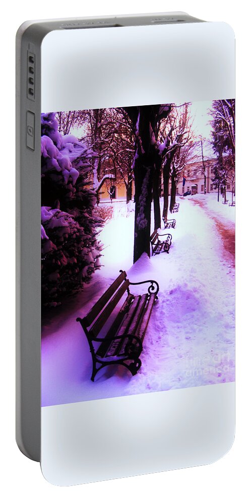 Winter Portable Battery Charger featuring the photograph Park Benches In Snow by Nina Ficur Feenan