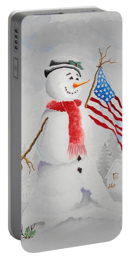 Winter Portable Battery Charger featuring the painting Patriotic Snowman by Jimmy Smith