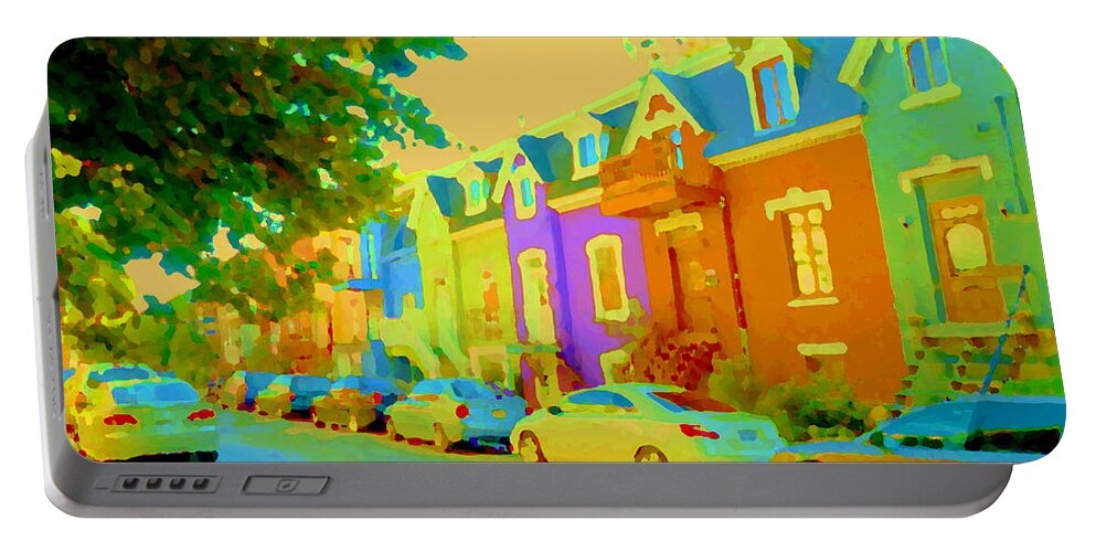 Montreal Portable Battery Charger featuring the painting Peaceful Painted Pastel Rowhouses Printemps Plateau Montreal Scene Du Rue Carole Spandau by Carole Spandau