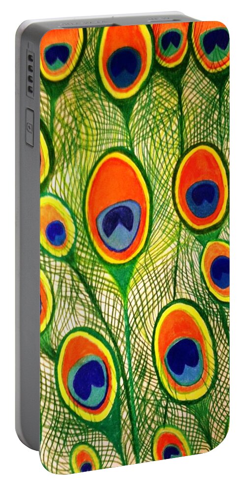 Peacock Feathers Portable Battery Charger featuring the drawing Peacock Feather Frenzy by Renee Michelle Wenker