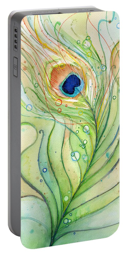 Peacock Portable Battery Charger featuring the painting Peacock Feather Watercolor by Olga Shvartsur