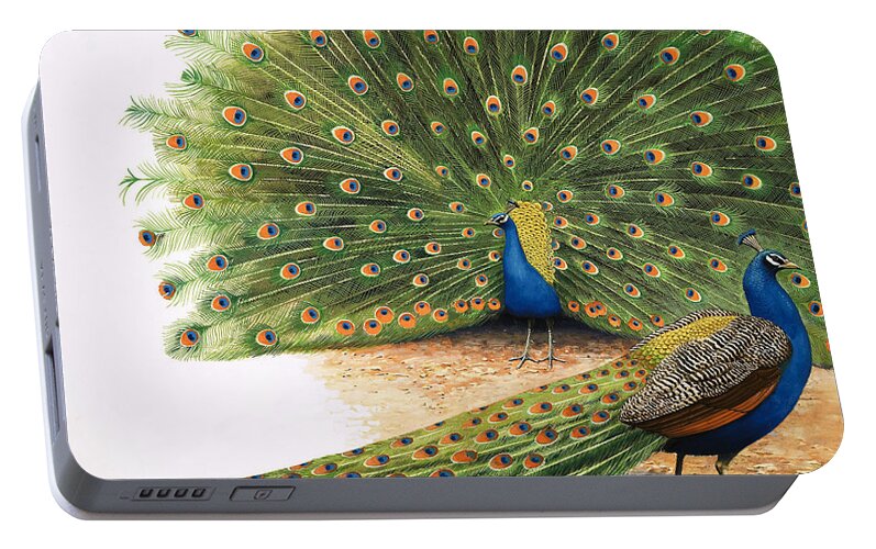 Peacock Portable Battery Charger featuring the painting Peacocks by RB Davis