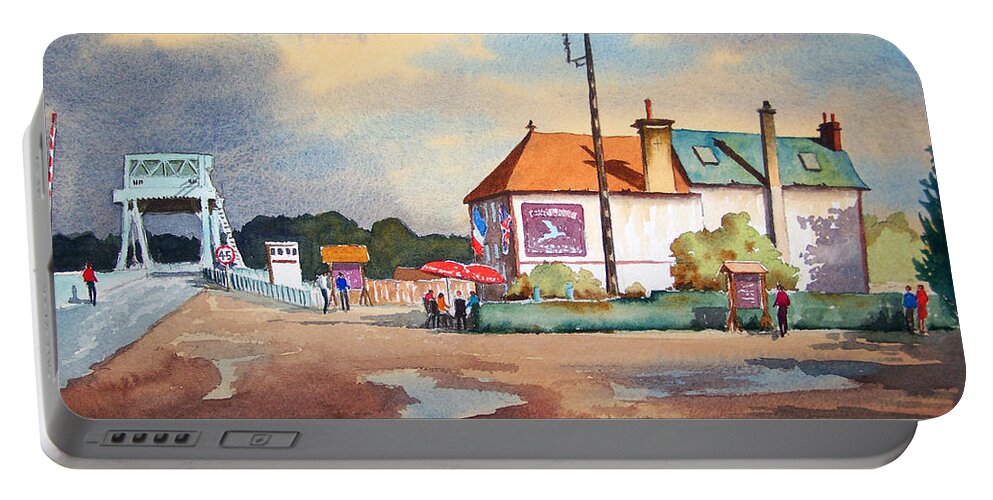 Pegasus Bridge Portable Battery Charger featuring the painting Pegasus Bridge and Cafe Gondree by Bill Holkham