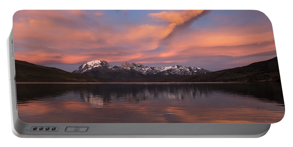 Pete Oxford Portable Battery Charger featuring the photograph Pehoe Lake At Sunset Paine Massif by Pete Oxford