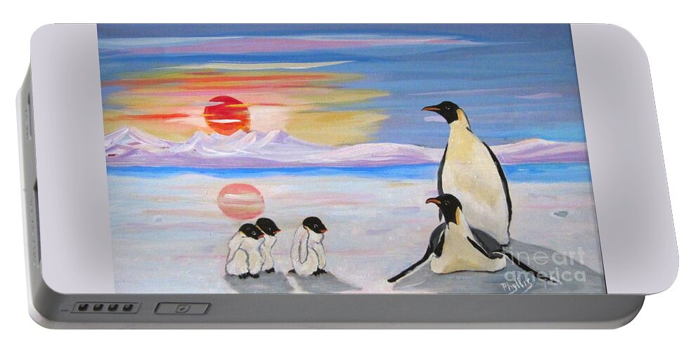Male Peinguin Portable Battery Charger featuring the painting Penguin Family by Phyllis Kaltenbach