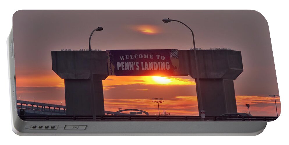 Penns Portable Battery Charger featuring the photograph Penns Landing Arch at Sunrise by Bill Cannon