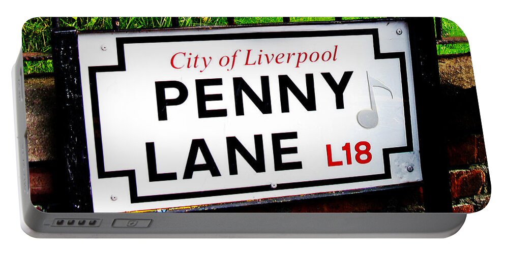 Sign Portable Battery Charger featuring the photograph Penny Lane sign Liverpool England with musical note by Tom Conway