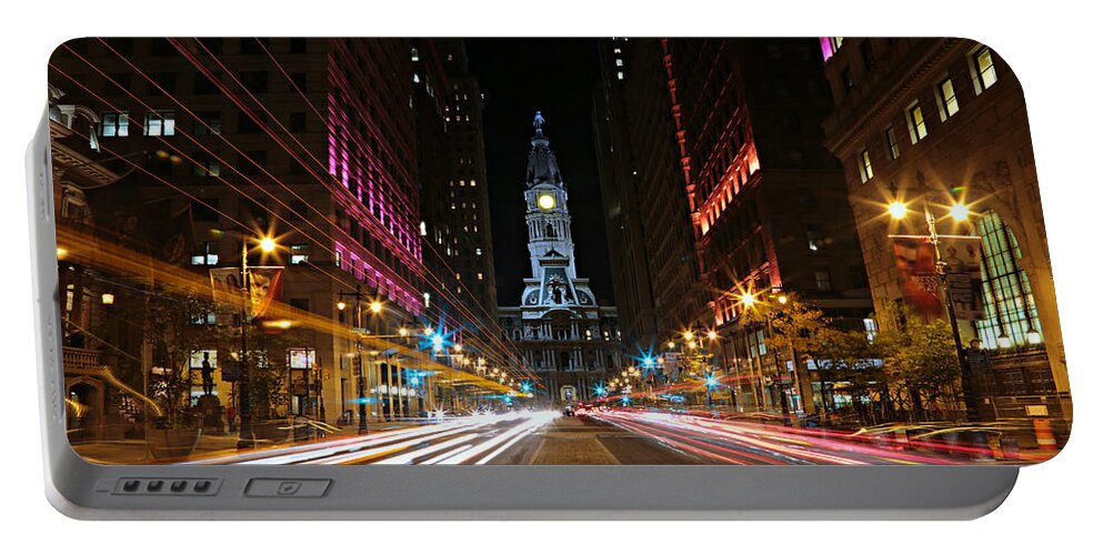 America Portable Battery Charger featuring the photograph Philadelphia City Hall -- Night by Stephen Stookey
