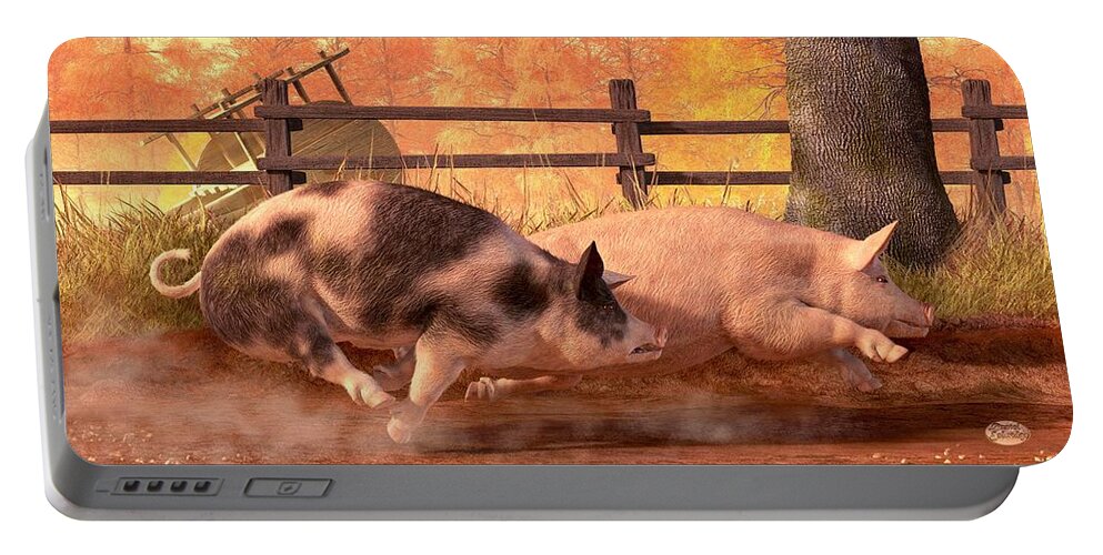 Pig Race Portable Battery Charger featuring the digital art Pig Race by Daniel Eskridge