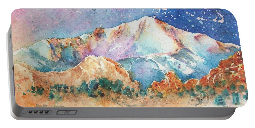Pikes Peak Portable Battery Charger featuring the painting Pikes Peak Over the Garden of the Gods by Carol Losinski Naylor
