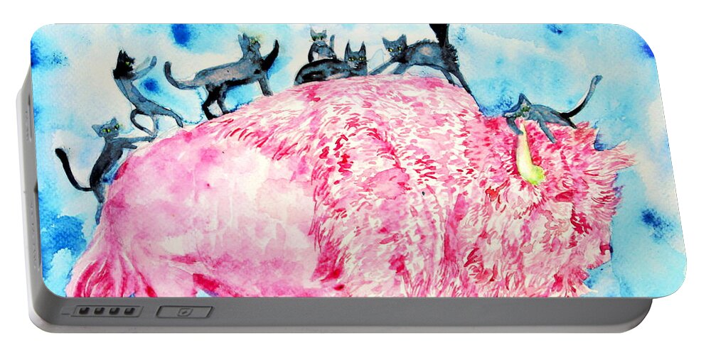 Bison Portable Battery Charger featuring the painting PINK BISON and BLACK CATS by Fabrizio Cassetta
