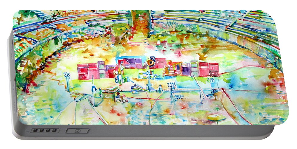 Pink Portable Battery Charger featuring the painting Pink Floyd Live At Pompeii Watercolor Painting by Fabrizio Cassetta