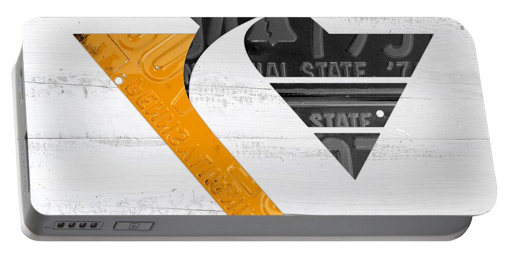 Pittsburgh Portable Battery Charger featuring the mixed media Pittsburgh Penguins Hockey Team Retro Logo Vintage Recycled Pennsylvania License Plate Art by Design Turnpike