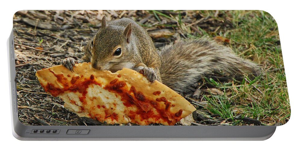 Squirrels Portable Battery Charger featuring the photograph Pizza For Lunch by Mary Carol Story
