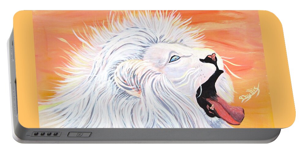 White Lion Portable Battery Charger featuring the painting Playful White Lion by Phyllis Kaltenbach