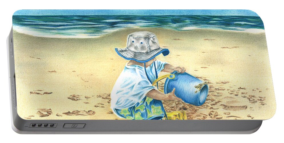 Boy Portable Battery Charger featuring the drawing Playing on the Beach by Troy Levesque