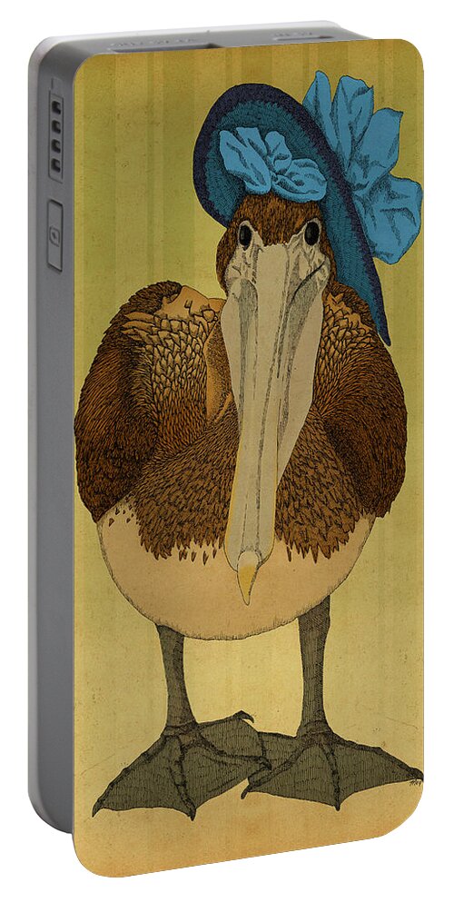 Pelican Hat Blue Victorian Bird Portable Battery Charger featuring the drawing Plumpskin Ploshkin Pelican Jill by Meg Shearer