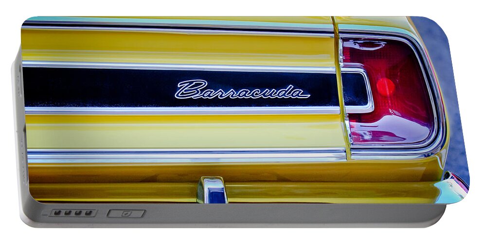 Plymouth Barracuda Taillight Emblem Portable Battery Charger featuring the photograph Plymouth Barracuda Taillight Emblem -0711c by Jill Reger