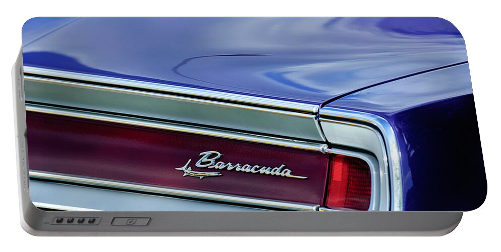 Plymouth Barracuda Taillight Emblem Portable Battery Charger featuring the photograph Plymouth Barracuda Taillight Emblem by Jill Reger