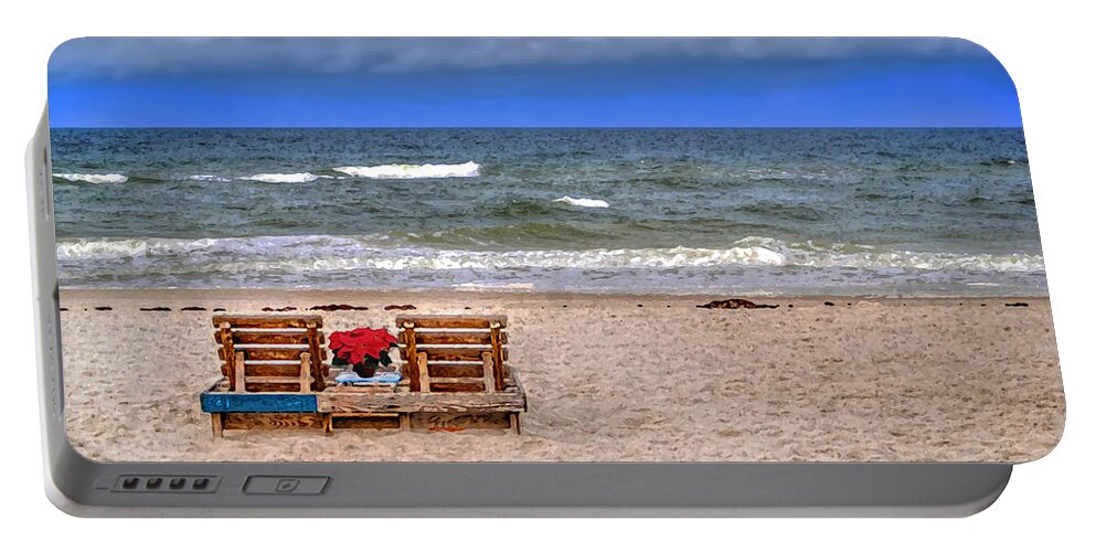 Christmas Portable Battery Charger featuring the painting Poinsettia Beach Chairs by Michael Thomas