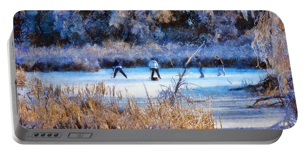 Pond Portable Battery Charger featuring the photograph Pond Hockey - Painterly by Les Palenik