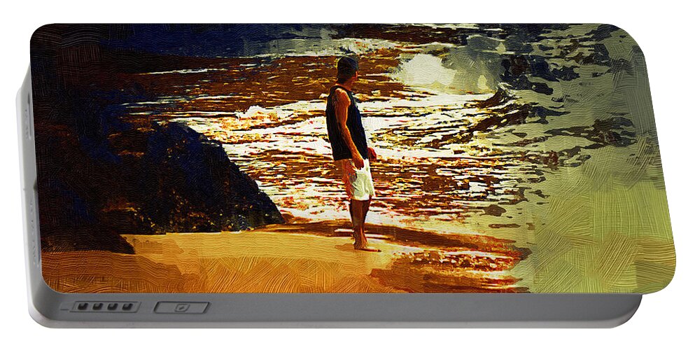 Beach Portable Battery Charger featuring the painting Pondering The Surf by Kirt Tisdale