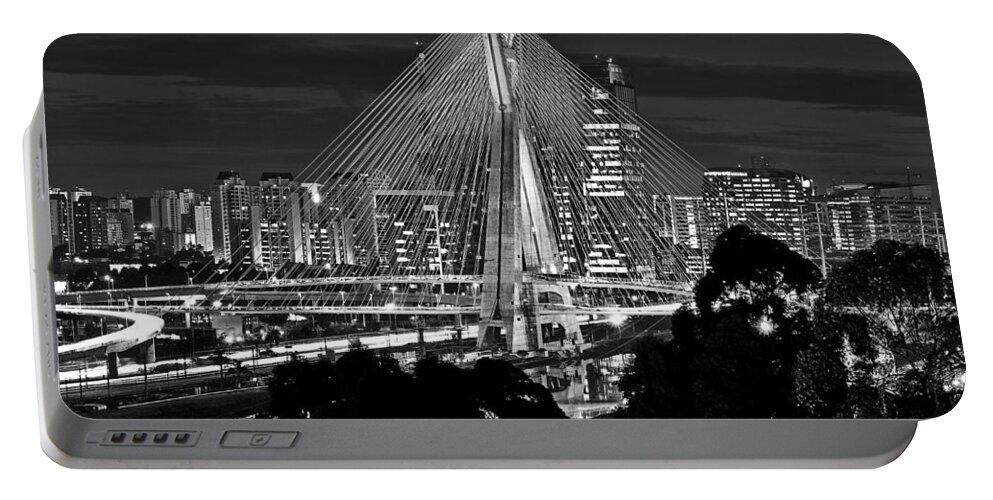 Ponte Estaiada Portable Battery Charger featuring the photograph Sao Paulo - Ponte Octavio Frias de Oliveira by Night in Black and White by Carlos Alkmin