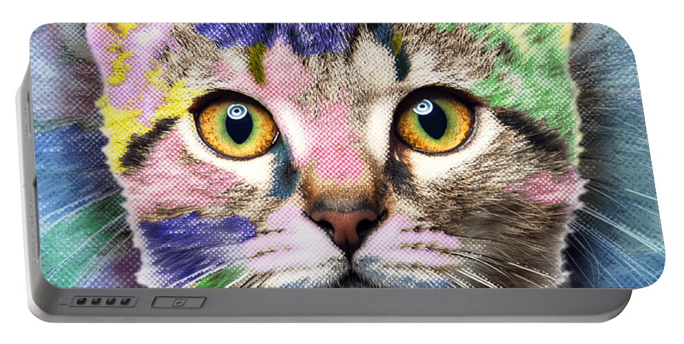 Adorable Portable Battery Charger featuring the painting Pop Cat by Tony Rubino