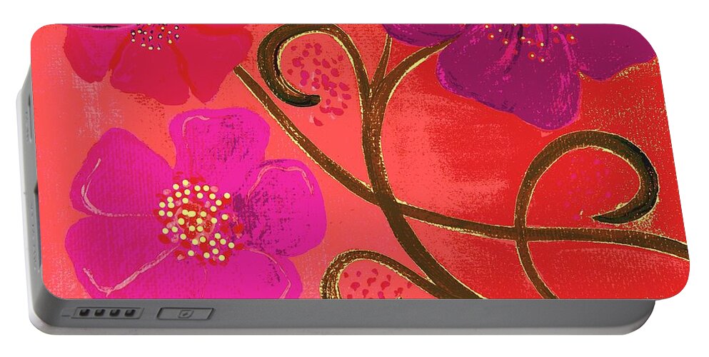 Digitized Portable Battery Charger featuring the painting Pop Spring Purple Flowers by Linda Bailey