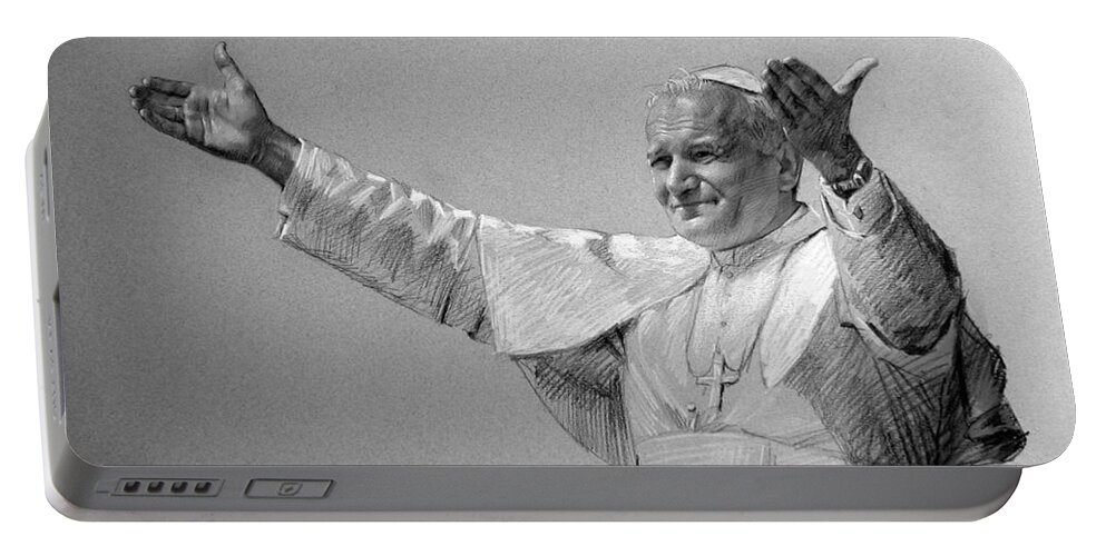 Pope John Paul Ii Portable Battery Charger featuring the drawing POPE JOHN PAUL II bw by Ylli Haruni
