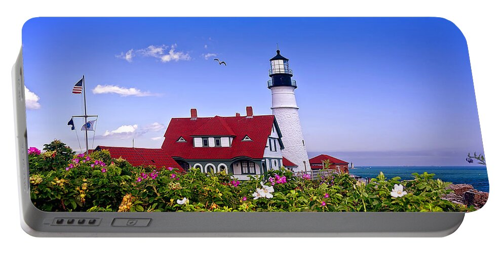 Maine Portable Battery Charger featuring the photograph Portland Head Light and Roses by Mitchell R Grosky
