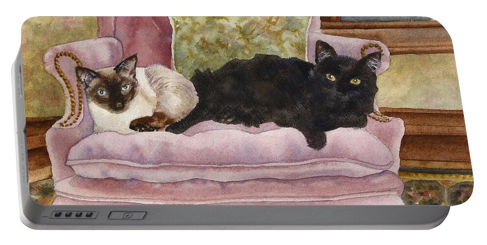 Cats Painting Portable Battery Charger featuring the painting Portrait in Pink by Anne Gifford