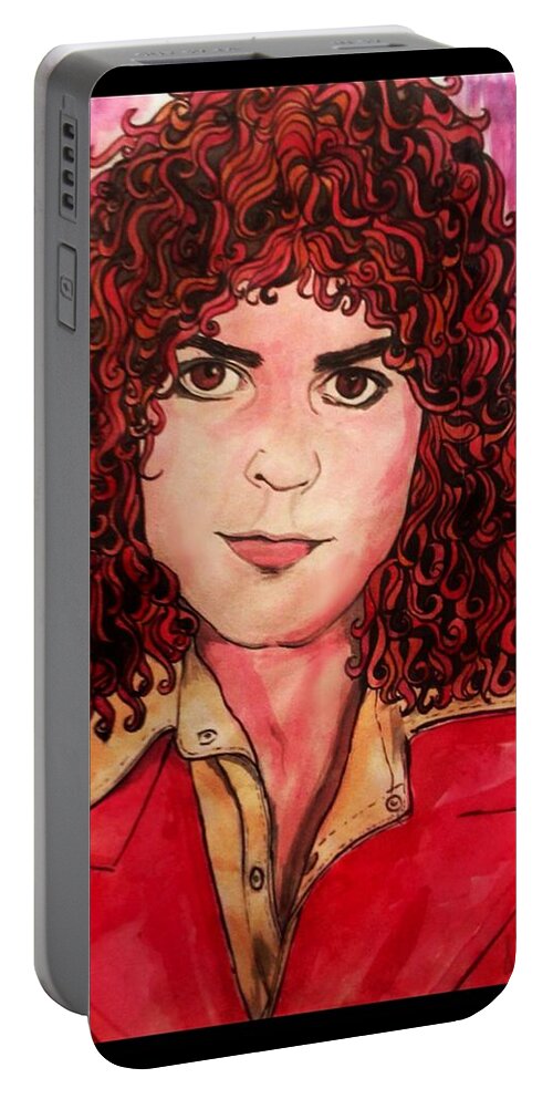 Glam Rock Portable Battery Charger featuring the painting Portrait of Marc Bolan by Joan-Violet Stretch