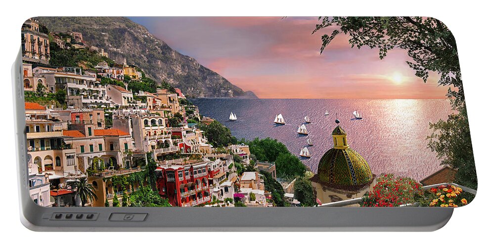 Positano Portable Battery Charger featuring the digital art Positano by MGL Meiklejohn Graphics Licensing