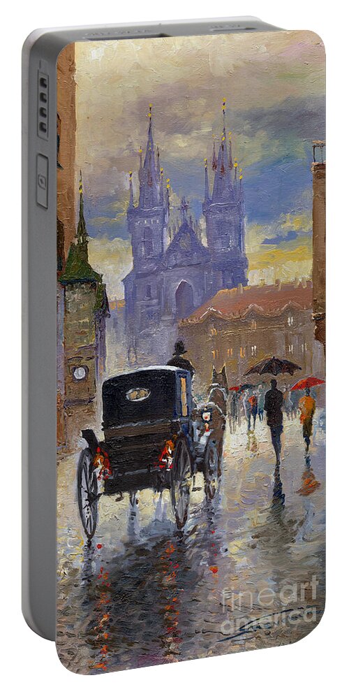 Oil On Canvas Portable Battery Charger featuring the painting Prague Old Town Square Old Cab by Yuriy Shevchuk