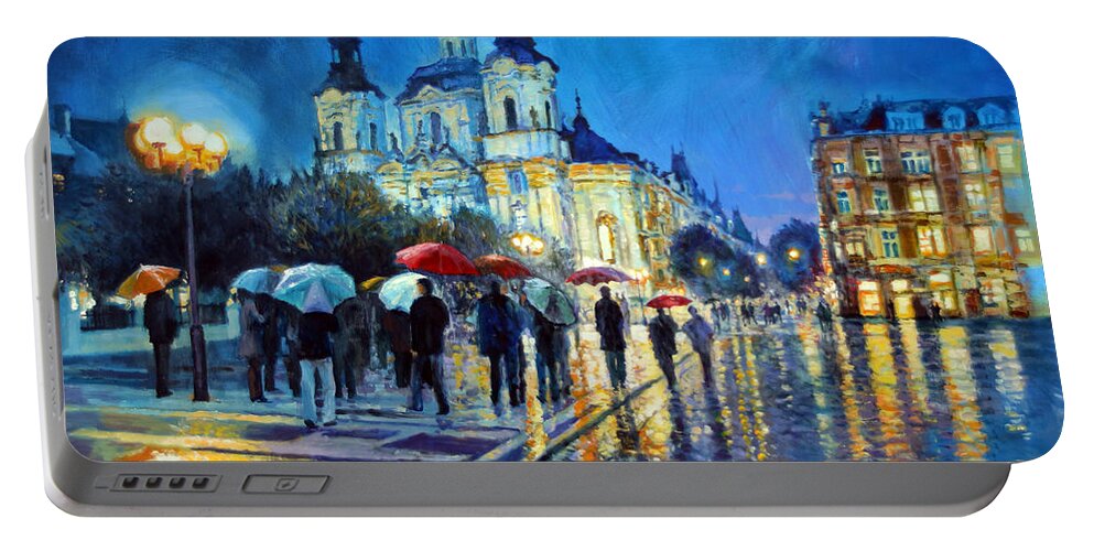 Acrilic Portable Battery Charger featuring the painting Prague Old Town Square view of street Parizska and St.Nicolas church by Yuriy Shevchuk