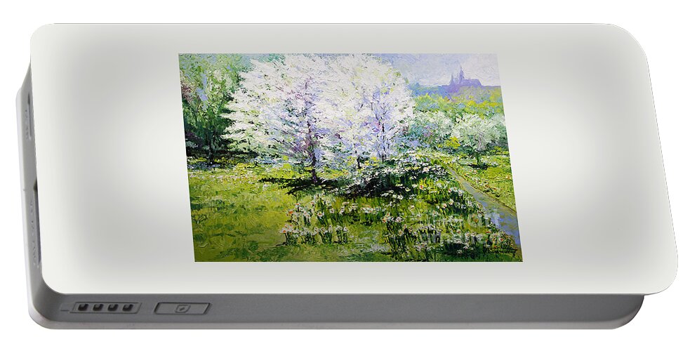Oil Portable Battery Charger featuring the painting Prague Spring in the Petrin gardens by Yuriy Shevchuk