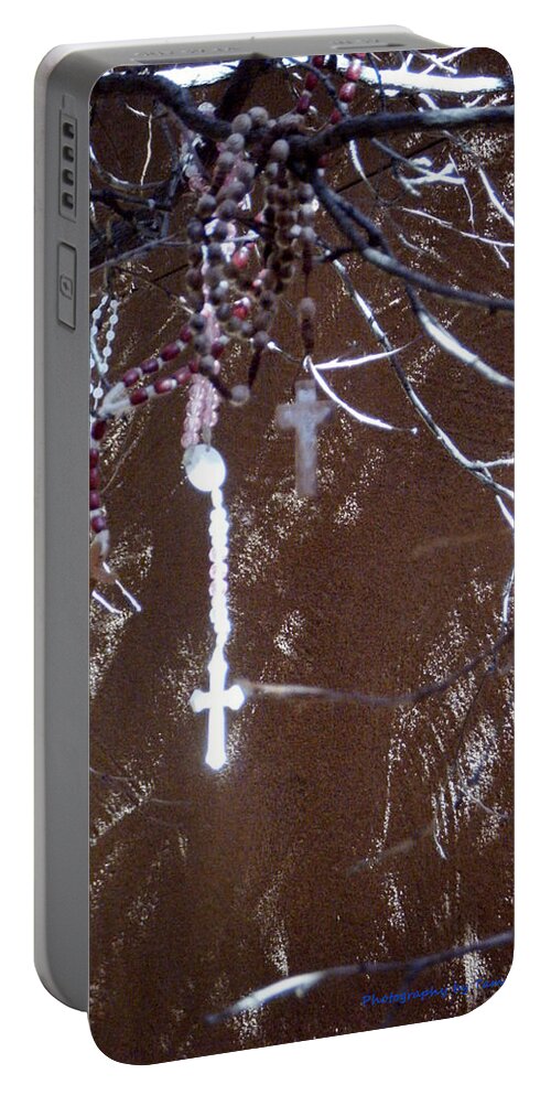 Prayer Crucifixes Hanging From Tree Portable Battery Charger featuring the photograph Prayer Crucifixes Hanging From Tree 7 by Tamara Kulish