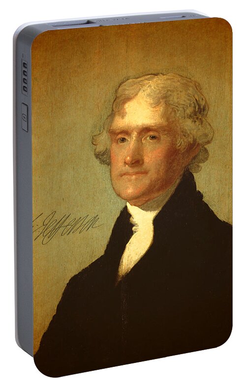 President Thomas Jefferson Portrait Signature Portable Battery Charger featuring the mixed media President Thomas Jefferson Portrait and Signature by Design Turnpike