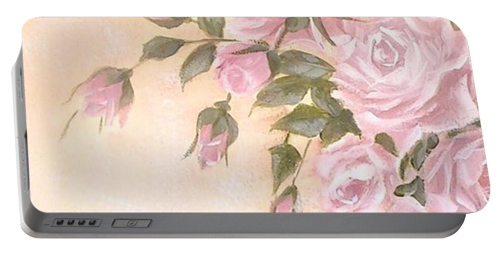 Pretty Flowers Portable Battery Charger featuring the painting Pretty Pastel Roses Painting by Chris Hobel
