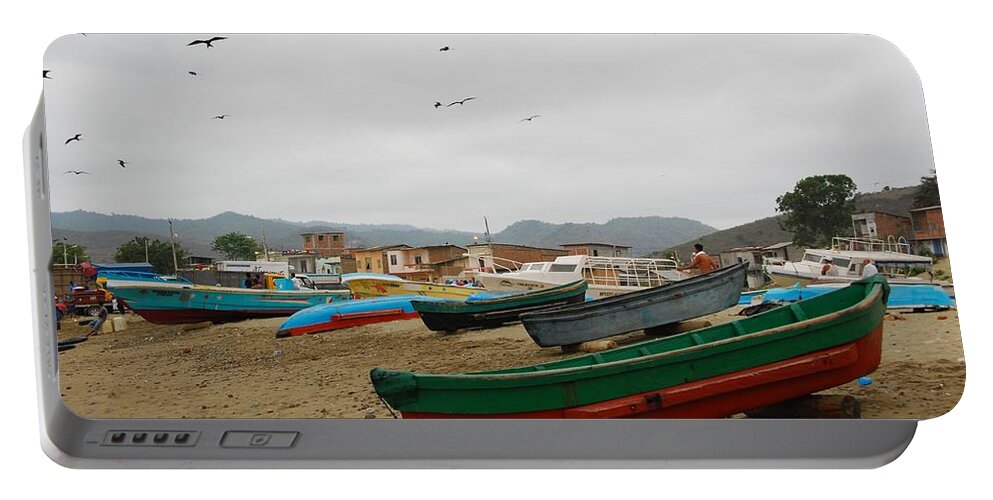 Beach Portable Battery Charger featuring the photograph Puerto Lopez Beach and Boats by Cascade Colors