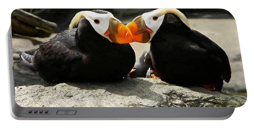 Puffins Portable Battery Charger featuring the digital art Puffin Friends 2 by Gary Olsen-Hasek